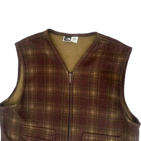 Vintage The North Face Fleece Brown Plaid Vest Jacket Made in USA Mens L - Picture 5 of 9